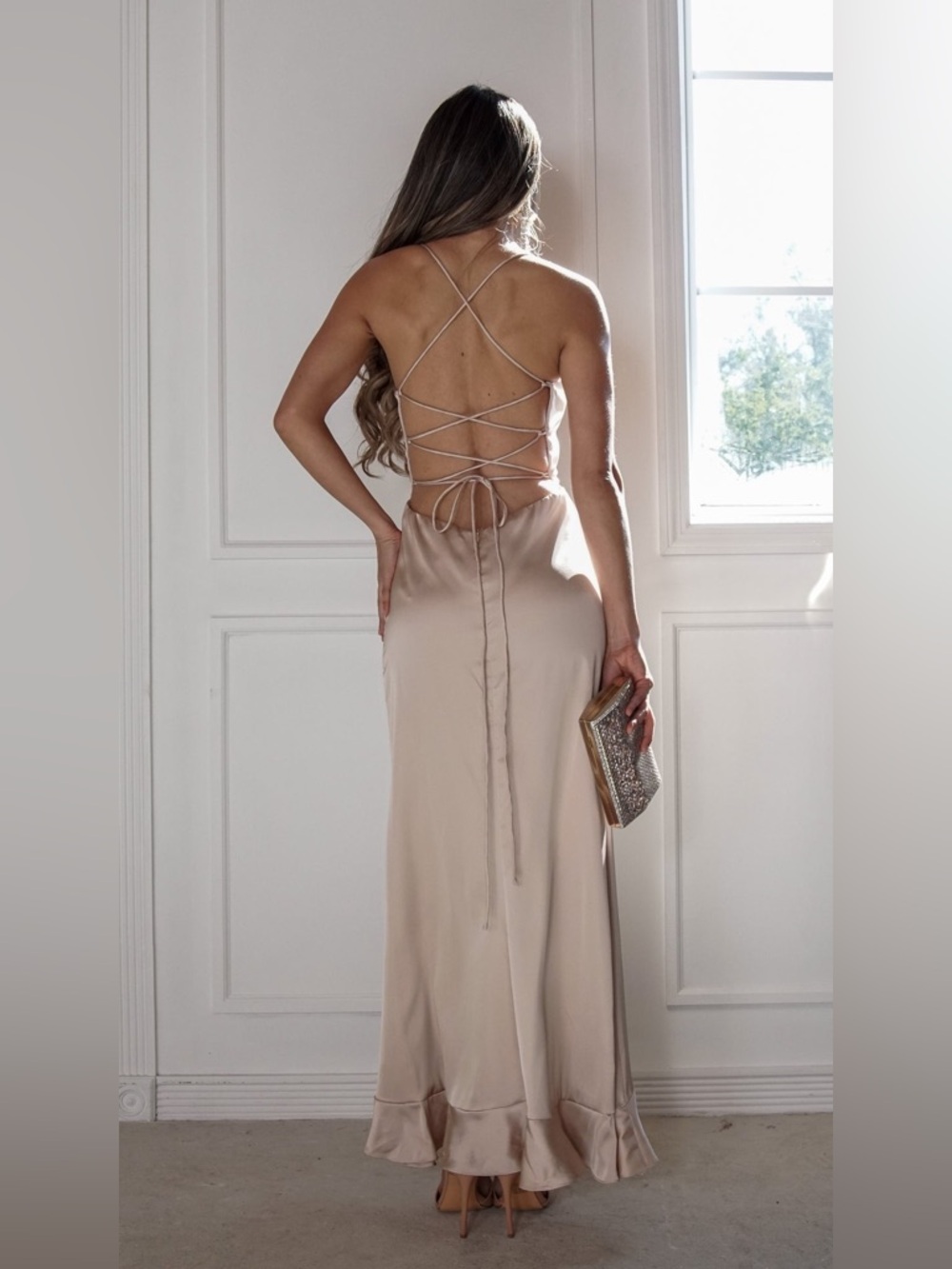 Dress Forum Champagne Satin Lace-Up Back Ruffle Maxi Dress Size M - Picture 6 of 16